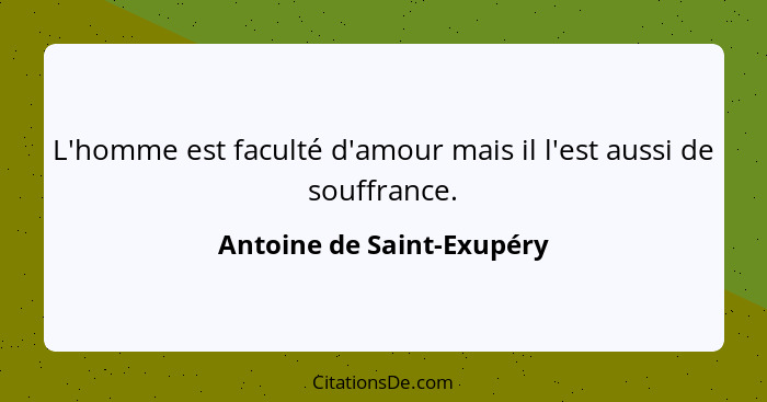 L'homme est faculté d'amour mais il l'est aussi de souffrance.... - Antoine de Saint-Exupéry