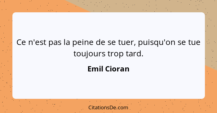 Ce n'est pas la peine de se tuer, puisqu'on se tue toujours trop tard.... - Emil Cioran