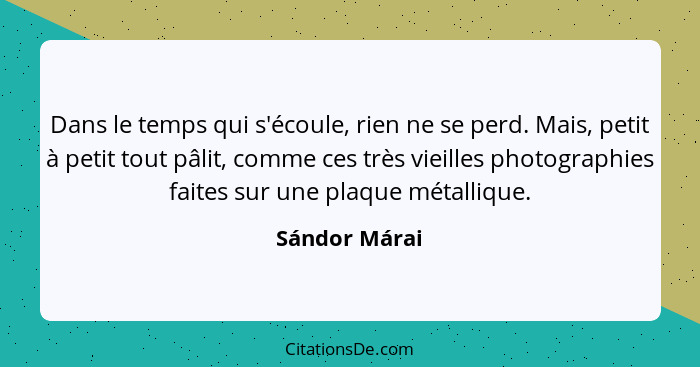 Dans le temps qui s'écoule, rien ne se perd. Mais, petit à petit tout pâlit, comme ces très vieilles photographies faites sur une plaqu... - Sándor Márai