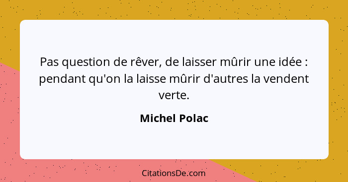 Pas question de rêver, de laisser mûrir une idée : pendant qu'on la laisse mûrir d'autres la vendent verte.... - Michel Polac