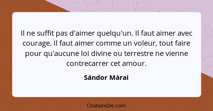 Il ne suffit pas d'aimer quelqu'un. Il faut aimer avec courage. Il faut aimer comme un voleur, tout faire pour qu'aucune loi divine ou... - Sándor Márai