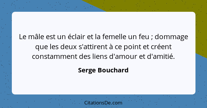 Le mâle est un éclair et la femelle un feu ; dommage que les deux s'attirent à ce point et créent constamment des liens d'amour... - Serge Bouchard