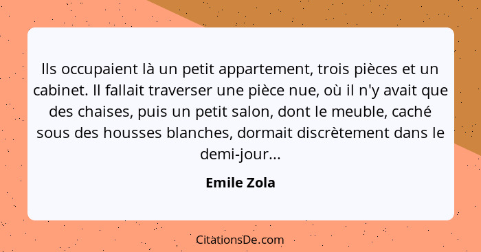 Ils occupaient là un petit appartement, trois pièces et un cabinet. Il fallait traverser une pièce nue, où il n'y avait que des chaises,... - Emile Zola