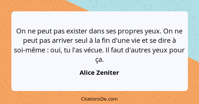 On ne peut pas exister dans ses propres yeux. On ne peut pas arriver seul à la fin d'une vie et se dire à soi-même : oui, tu l'as... - Alice Zeniter