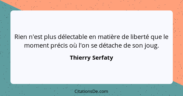 Rien n'est plus délectable en matière de liberté que le moment précis où l'on se détache de son joug.... - Thierry Serfaty