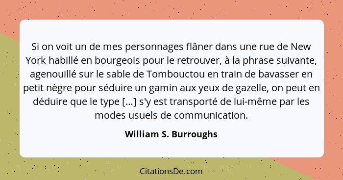 Si on voit un de mes personnages flâner dans une rue de New York habillé en bourgeois pour le retrouver, à la phrase suivante,... - William S. Burroughs