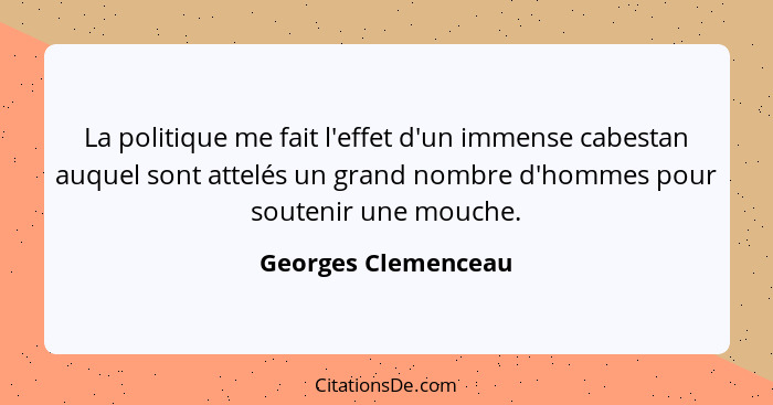 La politique me fait l'effet d'un immense cabestan auquel sont attelés un grand nombre d'hommes pour soutenir une mouche.... - Georges Clemenceau