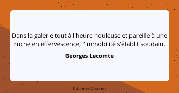 Dans la galerie tout à l'heure houleuse et pareille à une ruche en effervescence, l'immobilité s'établit soudain.... - Georges Lecomte