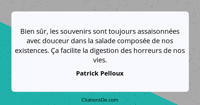 Bien sûr, les souvenirs sont toujours assaisonnées avec douceur dans la salade composée de nos existences. Ça facilite la digestion... - Patrick Pelloux