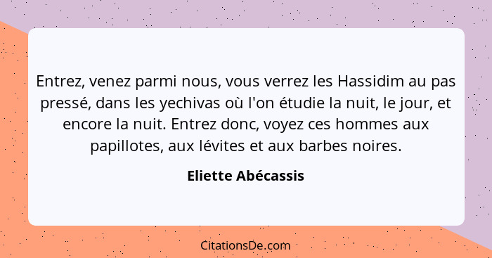 Entrez, venez parmi nous, vous verrez les Hassidim au pas pressé, dans les yechivas où l'on étudie la nuit, le jour, et encore la... - Eliette Abécassis