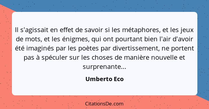 Il s'agissait en effet de savoir si les métaphores, et les jeux de mots, et les énigmes, qui ont pourtant bien l'air d'avoir été imaginé... - Umberto Eco