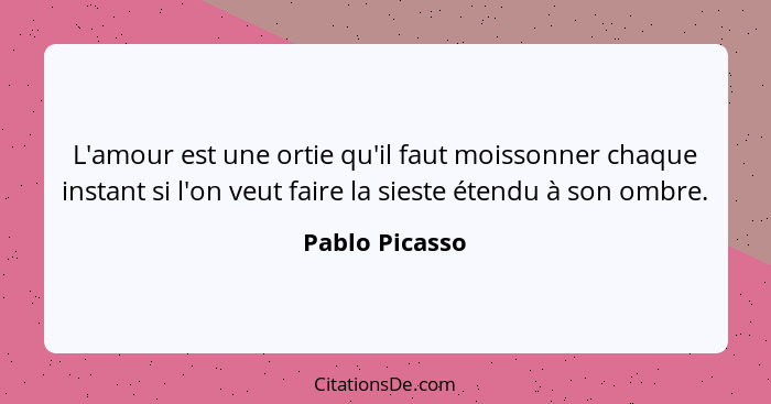 L'amour est une ortie qu'il faut moissonner chaque instant si l'on veut faire la sieste étendu à son ombre.... - Pablo Picasso