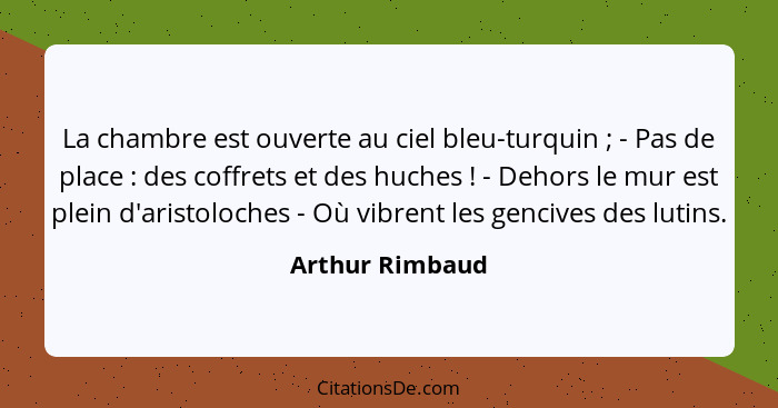 La chambre est ouverte au ciel bleu-turquin ; - Pas de place : des coffrets et des huches ! - Dehors le mur est plein... - Arthur Rimbaud