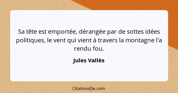 Sa tête est emportée, dérangée par de sottes idées politiques, le vent qui vient à travers la montagne l'a rendu fou.... - Jules Vallès