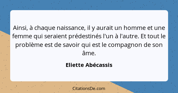 Ainsi, à chaque naissance, il y aurait un homme et une femme qui seraient prédestinés l'un à l'autre. Et tout le problème est de s... - Eliette Abécassis