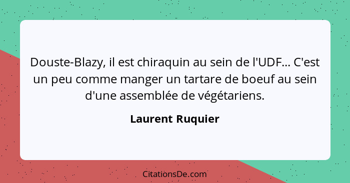 Douste-Blazy, il est chiraquin au sein de l'UDF... C'est un peu comme manger un tartare de boeuf au sein d'une assemblée de végétari... - Laurent Ruquier