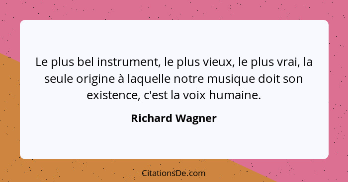 Le plus bel instrument, le plus vieux, le plus vrai, la seule origine à laquelle notre musique doit son existence, c'est la voix huma... - Richard Wagner