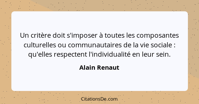 Un critère doit s'imposer à toutes les composantes culturelles ou communautaires de la vie sociale : qu'elles respectent l'individ... - Alain Renaut