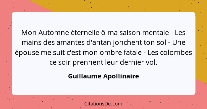 Mon Automne éternelle ô ma saison mentale - Les mains des amantes d'antan jonchent ton sol - Une épouse me suit c'est mon ombr... - Guillaume Apollinaire