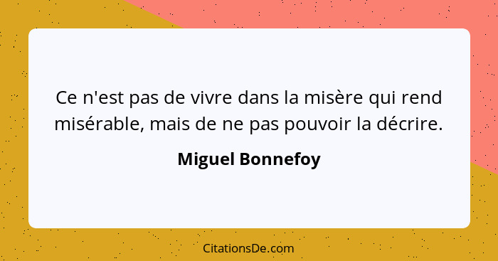 Ce n'est pas de vivre dans la misère qui rend misérable, mais de ne pas pouvoir la décrire.... - Miguel Bonnefoy