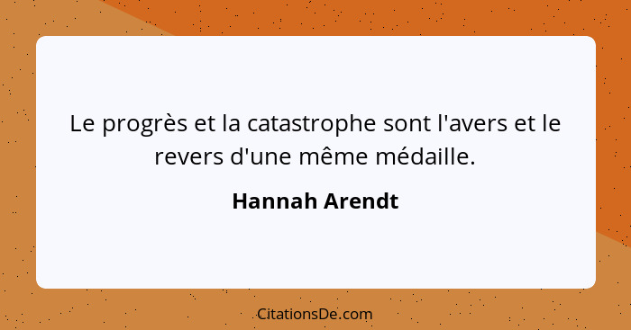 Le progrès et la catastrophe sont l'avers et le revers d'une même médaille.... - Hannah Arendt