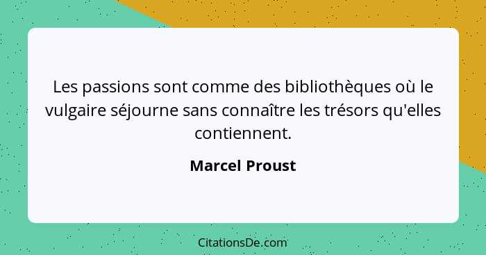 Les passions sont comme des bibliothèques où le vulgaire séjourne sans connaître les trésors qu'elles contiennent.... - Marcel Proust