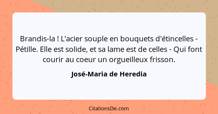 Brandis-la ! L'acier souple en bouquets d'étincelles - Pétille. Elle est solide, et sa lame est de celles - Qui font cour... - José-Maria de Heredia