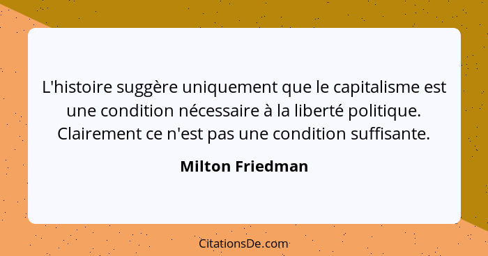 L'histoire suggère uniquement que le capitalisme est une condition nécessaire à la liberté politique. Clairement ce n'est pas une co... - Milton Friedman