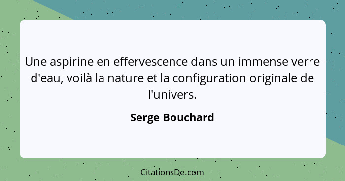 Une aspirine en effervescence dans un immense verre d'eau, voilà la nature et la configuration originale de l'univers.... - Serge Bouchard