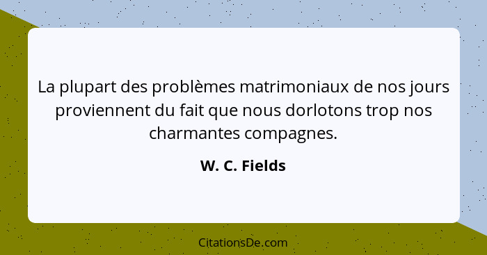 La plupart des problèmes matrimoniaux de nos jours proviennent du fait que nous dorlotons trop nos charmantes compagnes.... - W. C. Fields