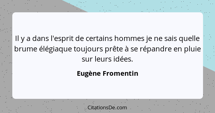 Il y a dans l'esprit de certains hommes je ne sais quelle brume élégiaque toujours prête à se répandre en pluie sur leurs idées.... - Eugène Fromentin