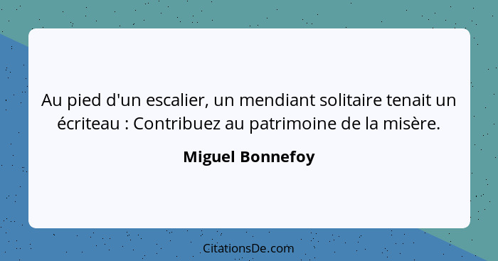 Au pied d'un escalier, un mendiant solitaire tenait un écriteau : Contribuez au patrimoine de la misère.... - Miguel Bonnefoy