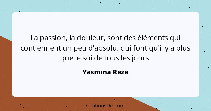 La passion, la douleur, sont des éléments qui contiennent un peu d'absolu, qui font qu'il y a plus que le soi de tous les jours.... - Yasmina Reza