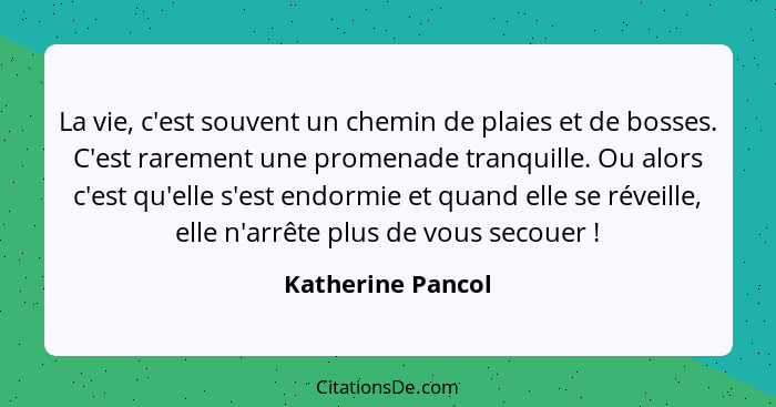 La vie, c'est souvent un chemin de plaies et de bosses. C'est rarement une promenade tranquille. Ou alors c'est qu'elle s'est endor... - Katherine Pancol