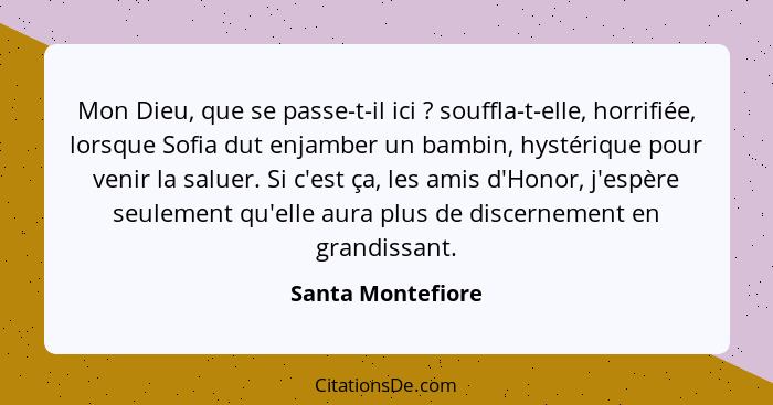 Mon Dieu, que se passe-t-il ici ? souffla-t-elle, horrifiée, lorsque Sofia dut enjamber un bambin, hystérique pour venir la sa... - Santa Montefiore