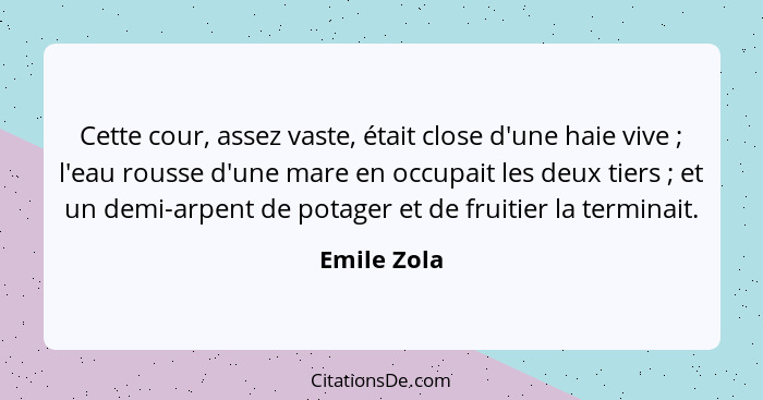 Cette cour, assez vaste, était close d'une haie vive ; l'eau rousse d'une mare en occupait les deux tiers ; et un demi-arpent d... - Emile Zola