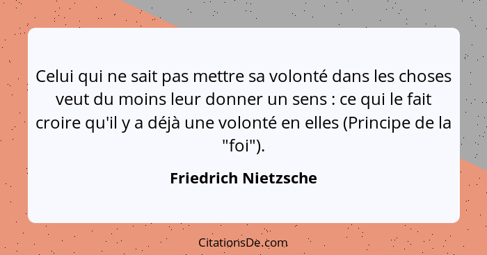 Celui qui ne sait pas mettre sa volonté dans les choses veut du moins leur donner un sens : ce qui le fait croire qu'il y a... - Friedrich Nietzsche