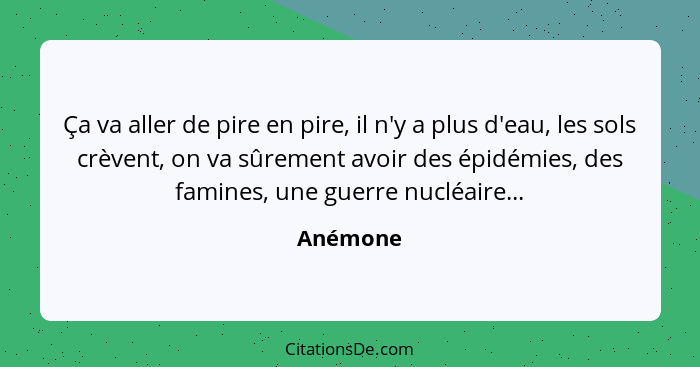 Ça va aller de pire en pire, il n'y a plus d'eau, les sols crèvent, on va sûrement avoir des épidémies, des famines, une guerre nucléaire...... - Anémone