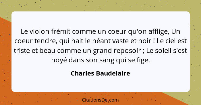 Le violon frémit comme un coeur qu'on afflige, Un coeur tendre, qui hait le néant vaste et noir ! Le ciel est triste et beau... - Charles Baudelaire