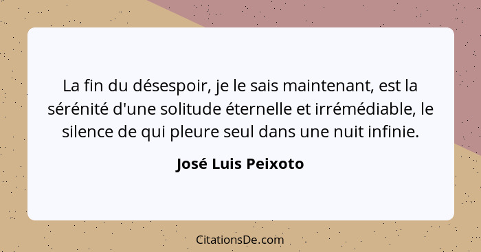 La fin du désespoir, je le sais maintenant, est la sérénité d'une solitude éternelle et irrémédiable, le silence de qui pleure seu... - José Luis Peixoto