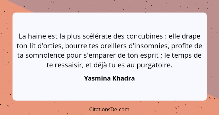 La haine est la plus scélérate des concubines : elle drape ton lit d'orties, bourre tes oreillers d'insomnies, profite de ta som... - Yasmina Khadra