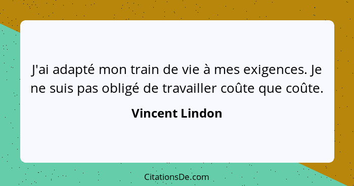 J'ai adapté mon train de vie à mes exigences. Je ne suis pas obligé de travailler coûte que coûte.... - Vincent Lindon