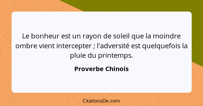 Le bonheur est un rayon de soleil que la moindre ombre vient intercepter ; l'adversité est quelquefois la pluie du printemps.... - Proverbe Chinois