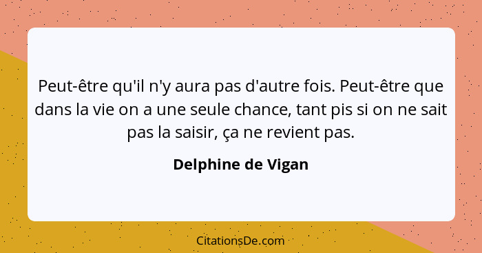 Peut-être qu'il n'y aura pas d'autre fois. Peut-être que dans la vie on a une seule chance, tant pis si on ne sait pas la saisir,... - Delphine de Vigan