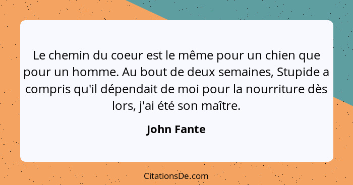 Le chemin du coeur est le même pour un chien que pour un homme. Au bout de deux semaines, Stupide a compris qu'il dépendait de moi pour l... - John Fante