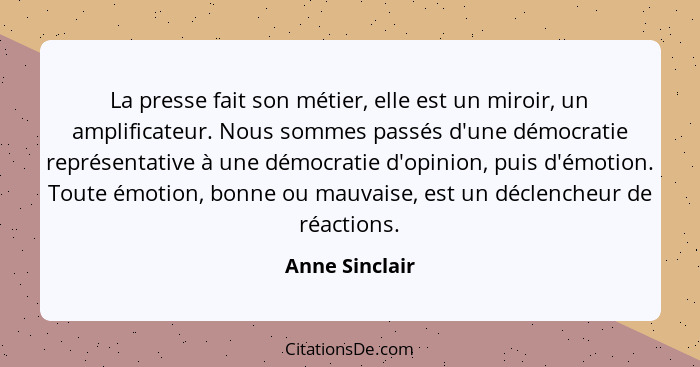 La presse fait son métier, elle est un miroir, un amplificateur. Nous sommes passés d'une démocratie représentative à une démocratie d... - Anne Sinclair