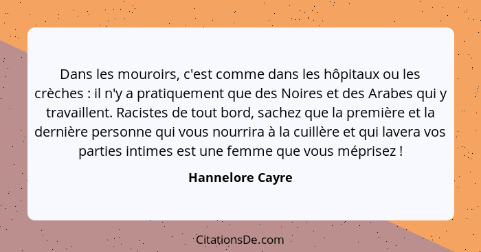 Dans les mouroirs, c'est comme dans les hôpitaux ou les crèches : il n'y a pratiquement que des Noires et des Arabes qui y trav... - Hannelore Cayre