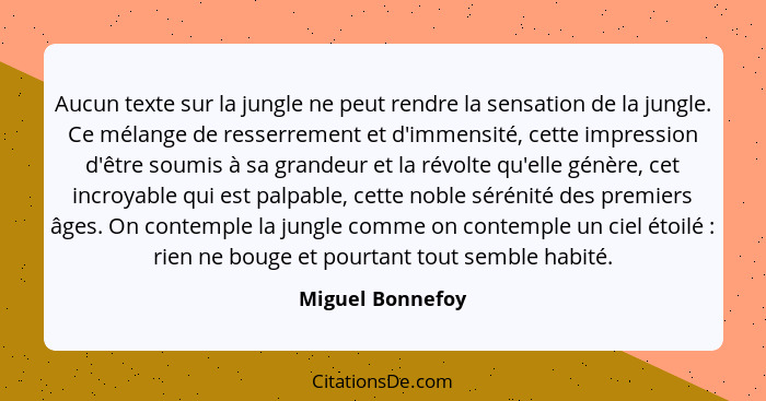 Aucun texte sur la jungle ne peut rendre la sensation de la jungle. Ce mélange de resserrement et d'immensité, cette impression d'êt... - Miguel Bonnefoy