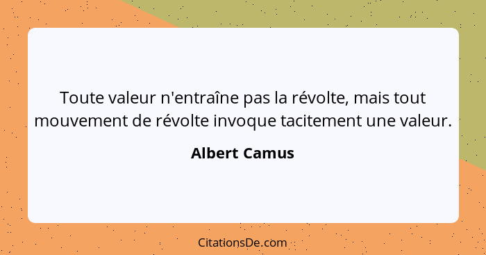 Toute valeur n'entraîne pas la révolte, mais tout mouvement de révolte invoque tacitement une valeur.... - Albert Camus