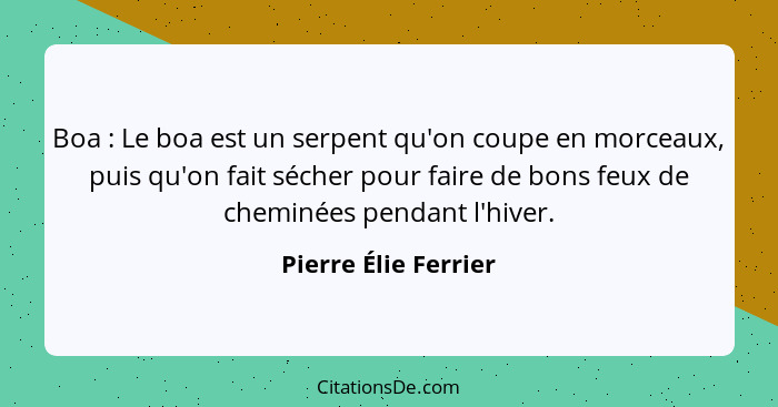 Boa : Le boa est un serpent qu'on coupe en morceaux, puis qu'on fait sécher pour faire de bons feux de cheminées pendant l'... - Pierre Élie Ferrier